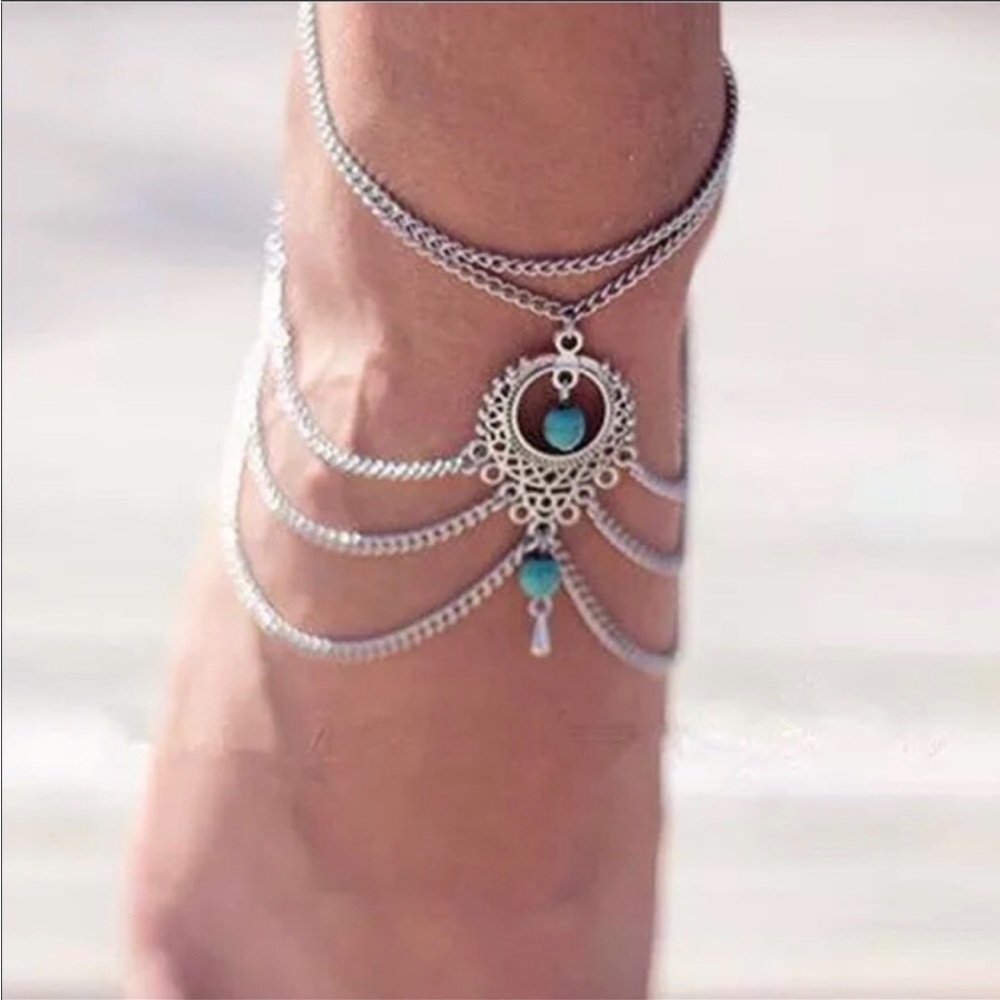 NWT•ATELIER JAI•TURQUOISE & SILVER BOHO CHIC ANKLE BRACELET /ARM WRAP•NEW - Picture 4 of 11
